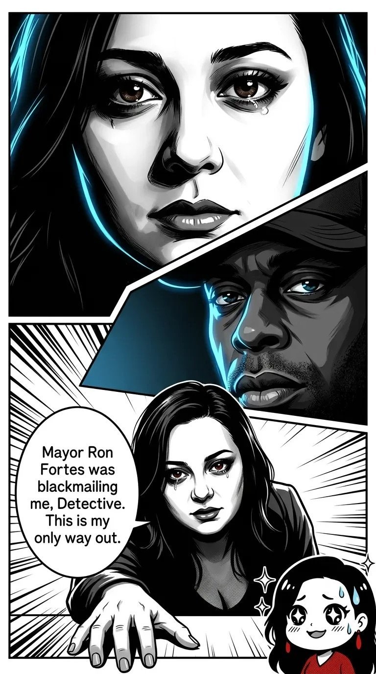 Black and white comic book panel showing three characters with blue accents. A woman at top, man in middle, another woman below with speech bubble mentioning Mayor Ron Fortes blackmail.