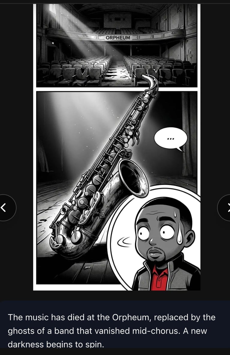 Black and white comic panels showing abandoned Orpheum theater with saxophone and musician character reflecting on lost music and vanished band