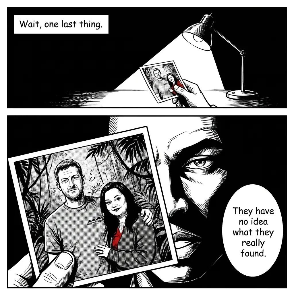 Black and white comic panels showing a desk lamp illuminating photographs of a couple, with text saying They have no idea what they found
