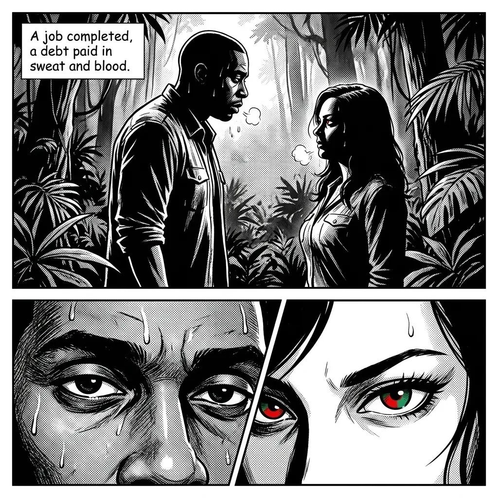 Black and white comic panel showing two characters meeting in a jungle setting with a voiceover about completing a job, followed by a close-up of their intense eyes.