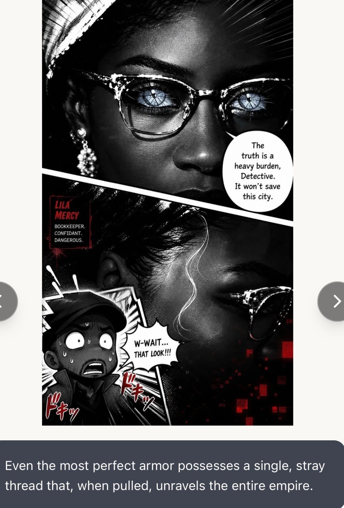 Black and white comic-style illustration of a woman wearing glasses and headwrap with dialogue bubbles and animated character reactions