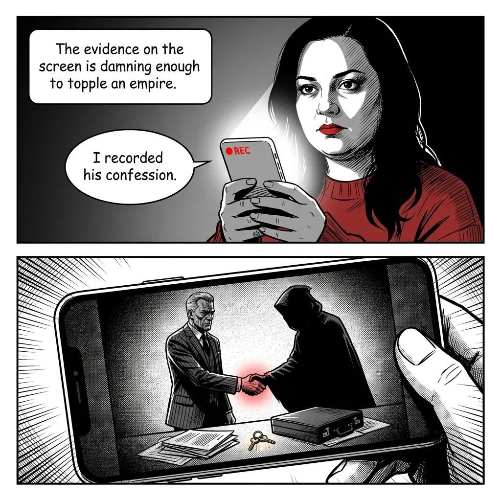 Two-panel comic showing a woman holding a phone displaying a recorded confession, and below, two men shaking hands on the phone screen with incriminating evidence visible.