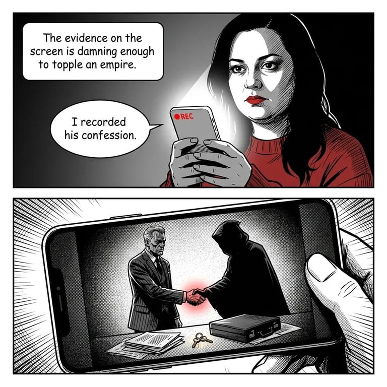 Two-panel comic showing a woman holding a phone displaying a recorded confession, and below, two men shaking hands on the phone screen with incriminating evidence visible.