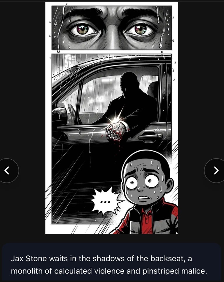 Black and white comic panel showing a menacing figure in a car looming over a frightened child, with intense eyes glaring from above
