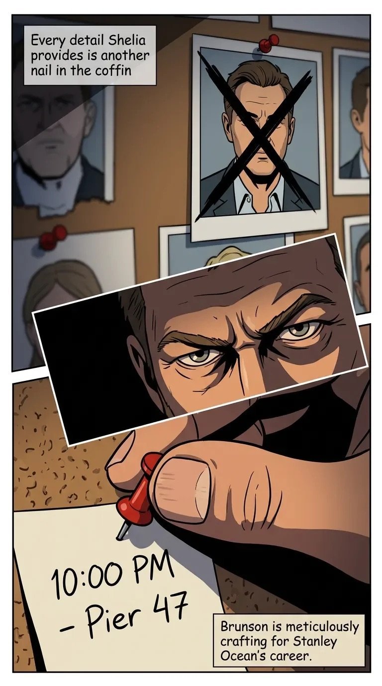 Comic panel showing a man holding photos with red X marks through faces, a note reading 10:00 PM - Pier 47, and text about crafting details for revenge