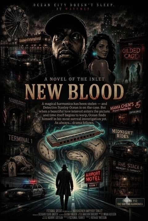 New Blood — noir poster with magical harmonica heist theme