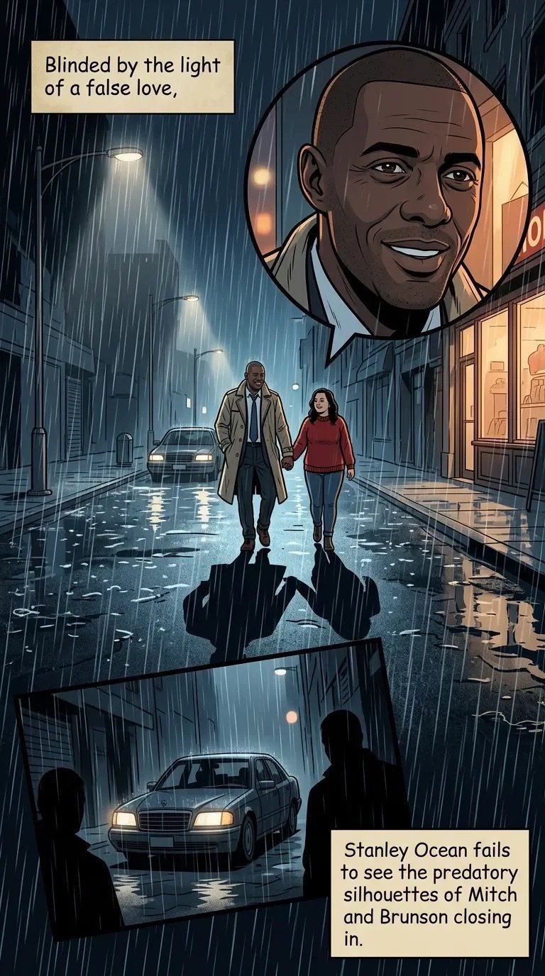 Graphic novel panel showing a man and woman walking in rain while a large face looms above them. Caption references Stanley Ocean being blinded by false love.