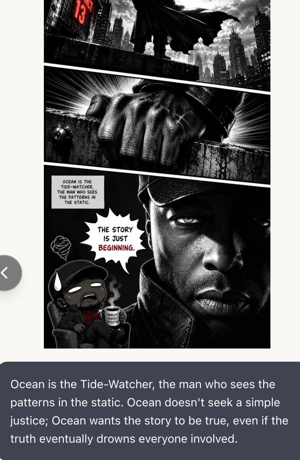 Black and white comic panel showing a stern mans face with text bubbles introducing Ocean, the Tide-Watcher character, with a cityscape and dramatic imagery above