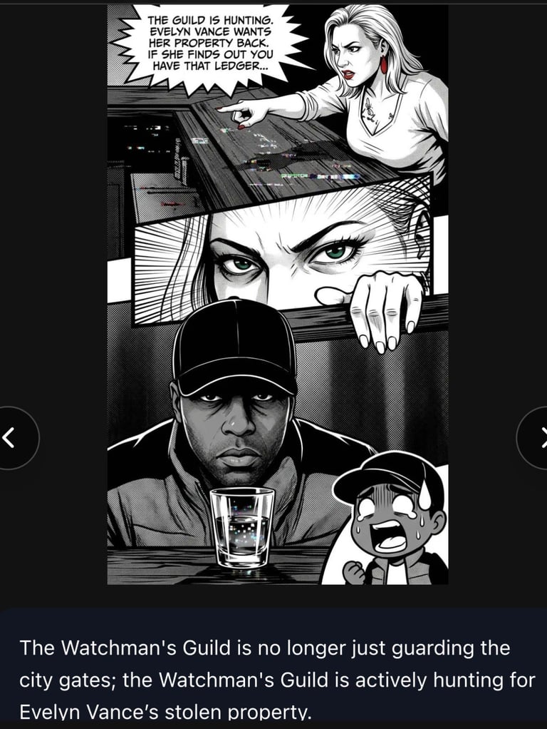 Black and white comic panels showing characters discussing the Watchmans Guild hunting for stolen property, featuring a woman at controls, close-up eyes, and a man with a glass of water