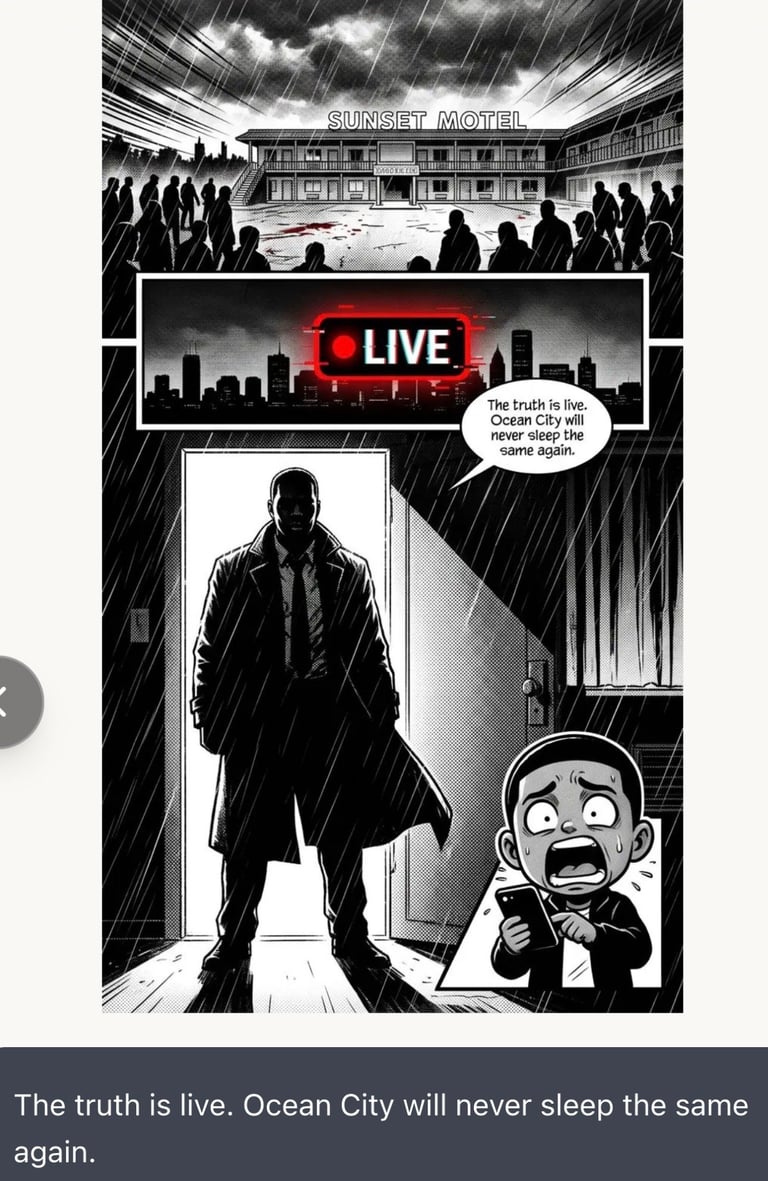 Black and white comic panel showing a shadowy figure in a doorway with neon LIVE sign and frightened character below, Sunset Motel scene