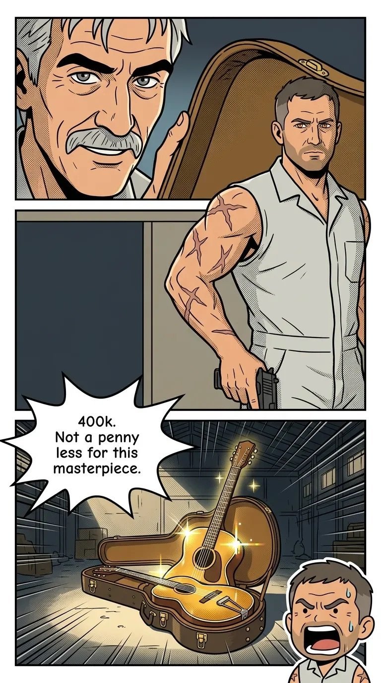 Comic strip panel showing two men discussing a valuable guitar worth 400k, with close-up of the golden instrument in a case