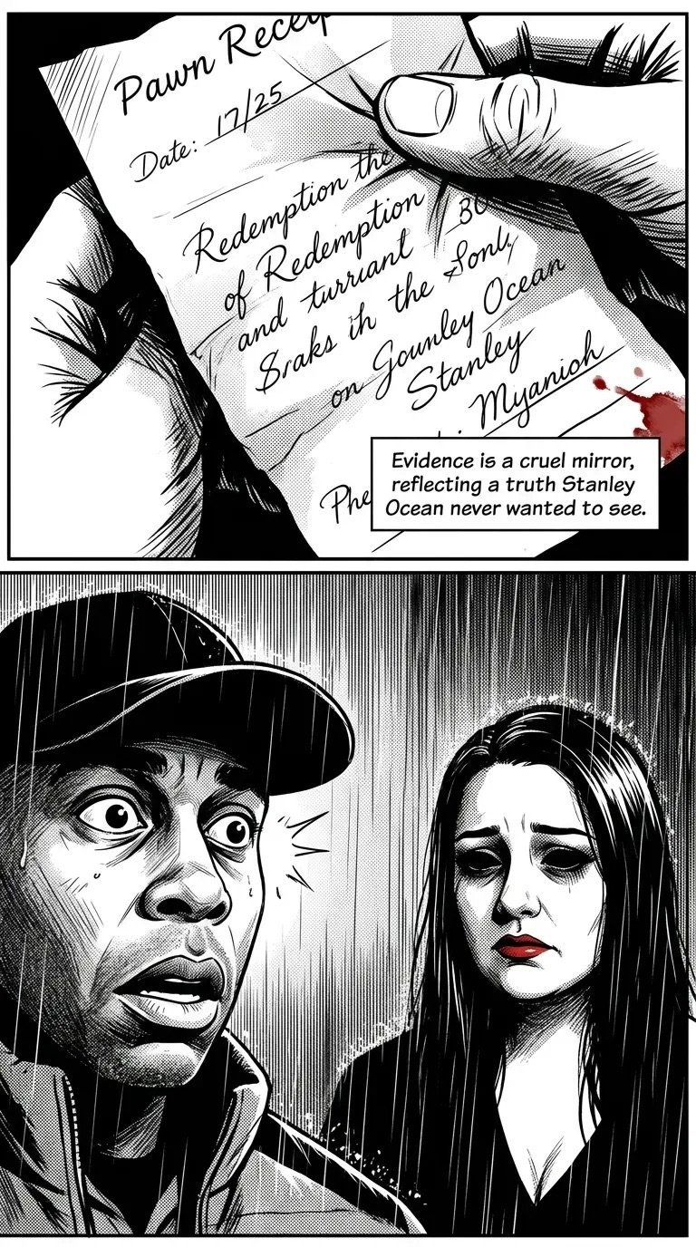 Black and white comic panels showing a pawn ticket dated 1/25 and two characters in rain, one wearing a hat with shocked expression