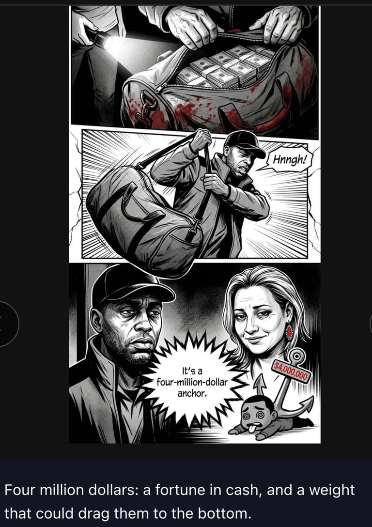 Black and white comic panel showing a man with a heavy bag over his shoulder saying Hnngh! while another man and woman discuss a four-million-dollar anchor