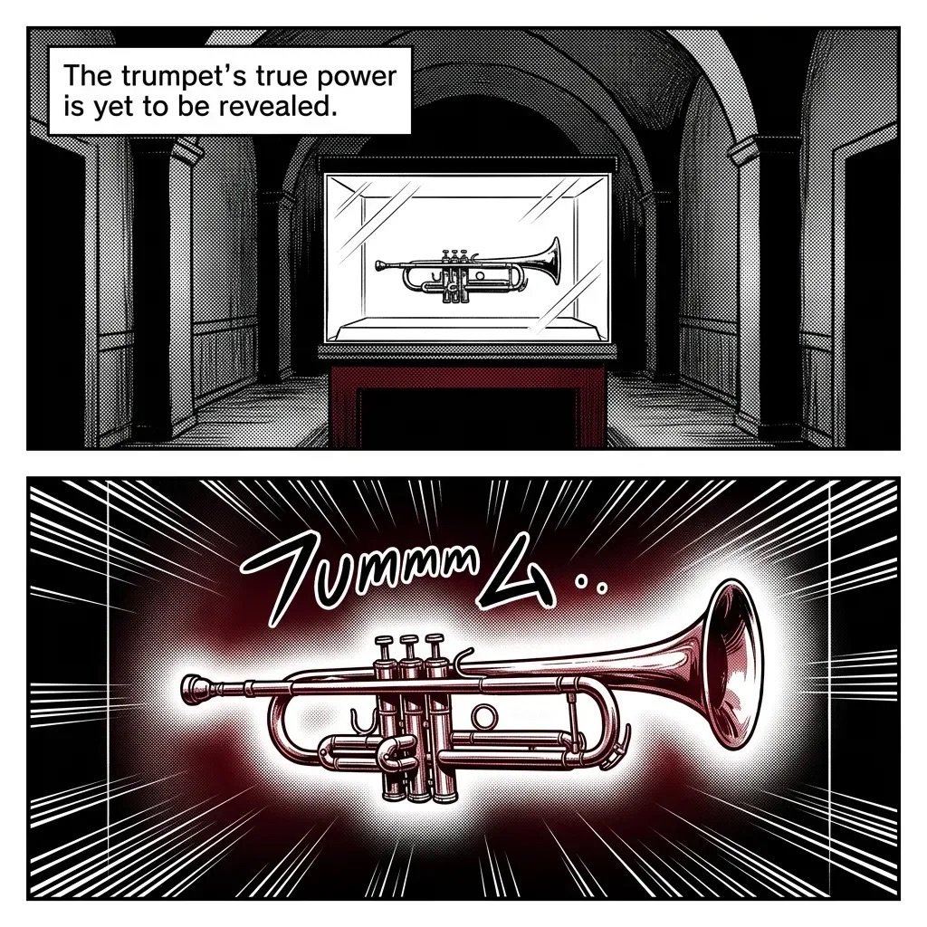 Comic-style manga panel showing a trumpet revealed on screen in a dramatic gallery setting, with glowing awakening effect below