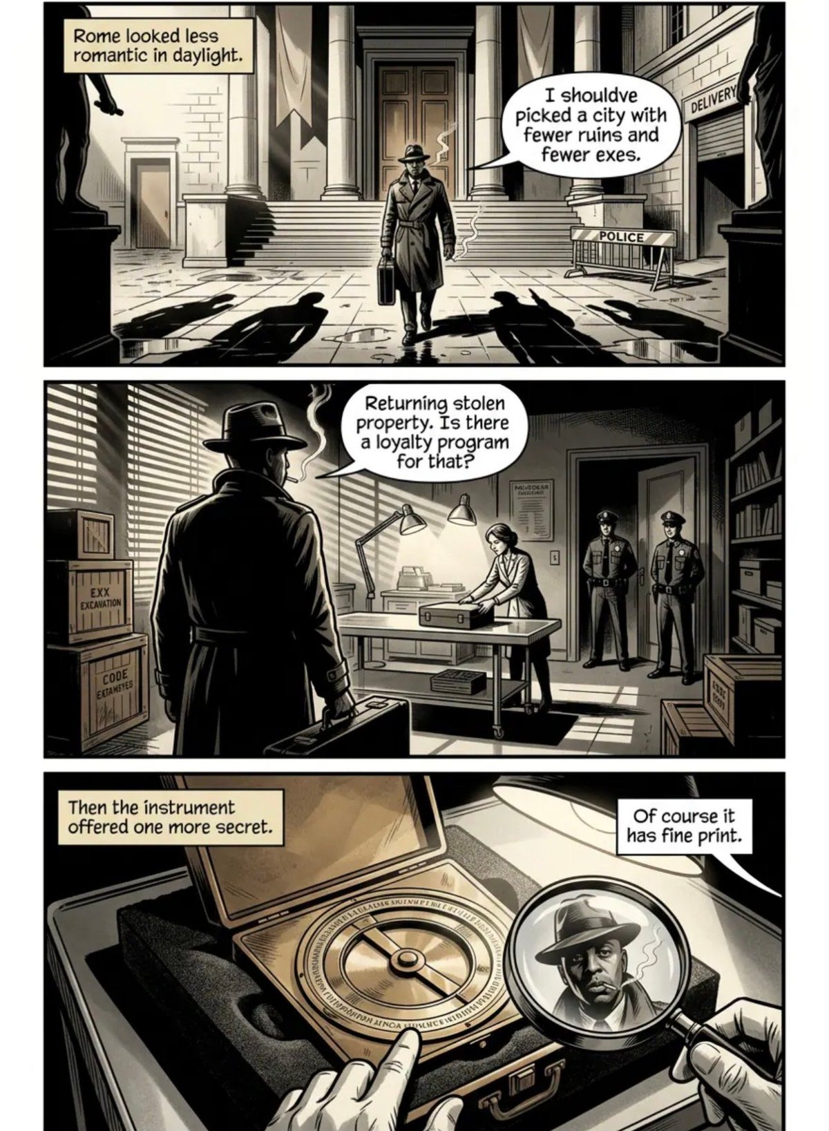 Black and white comic strip showing a noir detective story with dialogue about Rome, stolen property, and a mysterious compass with fine print.