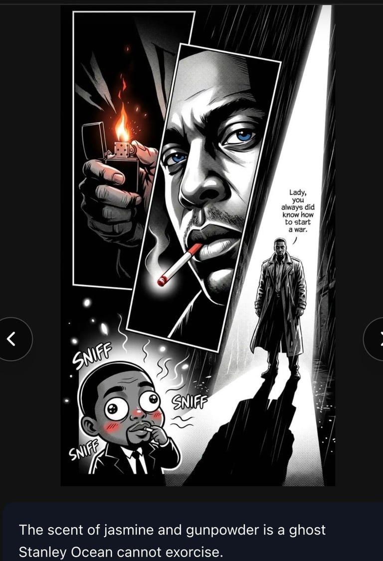 Black and white manga-style comic panels showing a man with a cigarette, a lighter, and a small cartoon character sniffing, with text about scent and a ghost.