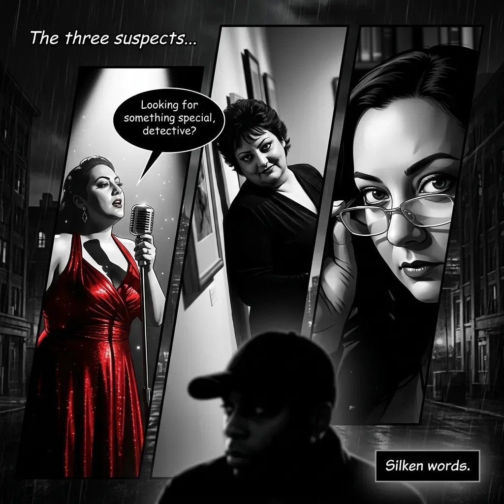 Black and white noir-style image of three suspects with silhouetted figures, woman in red dress with microphone, and text reading Looking for something special, detective? and Silken words