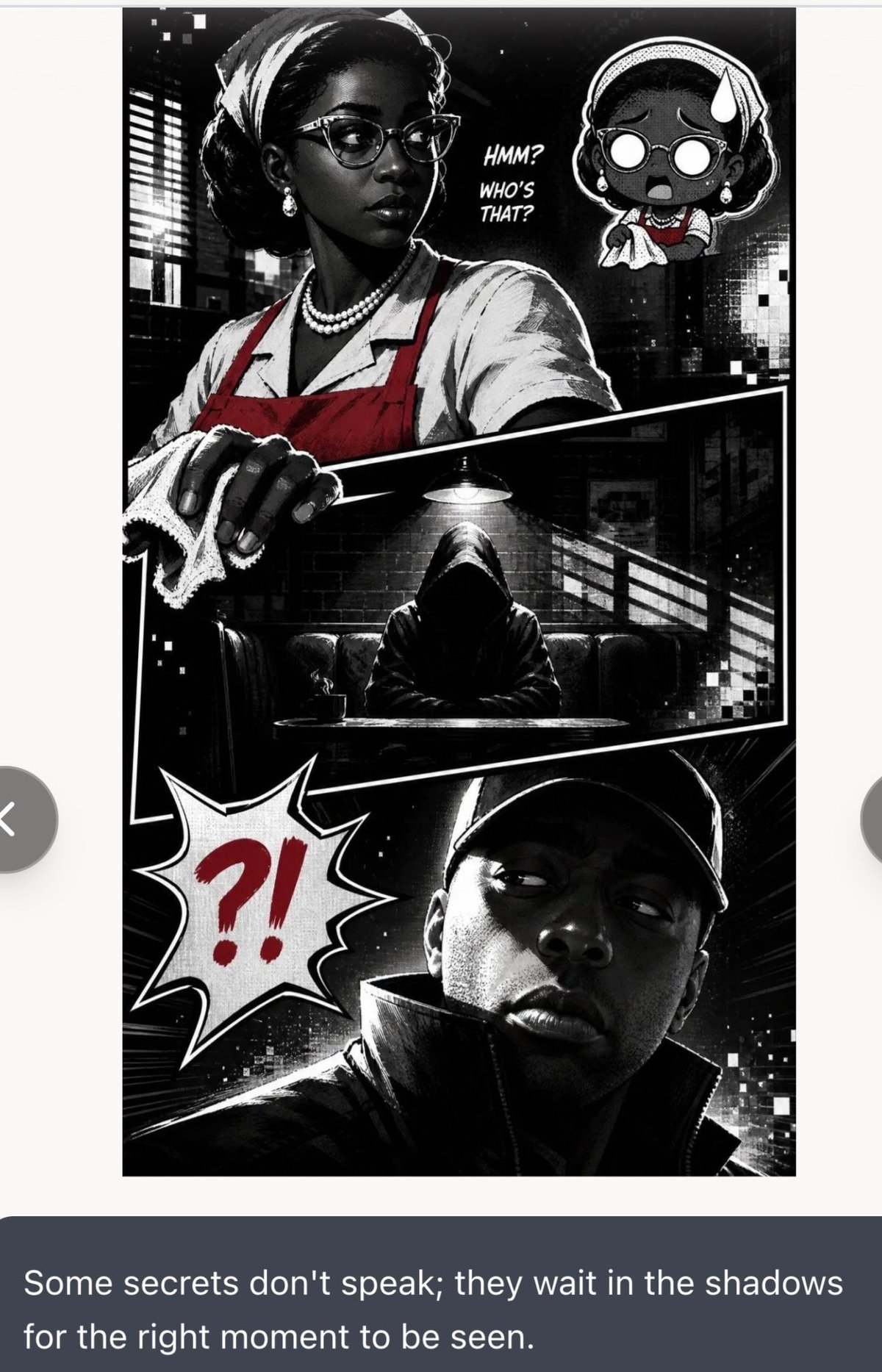 Black and white comic-style illustration of three characters in a mystery thriller scene with dramatic shadows and dialogue bubbles