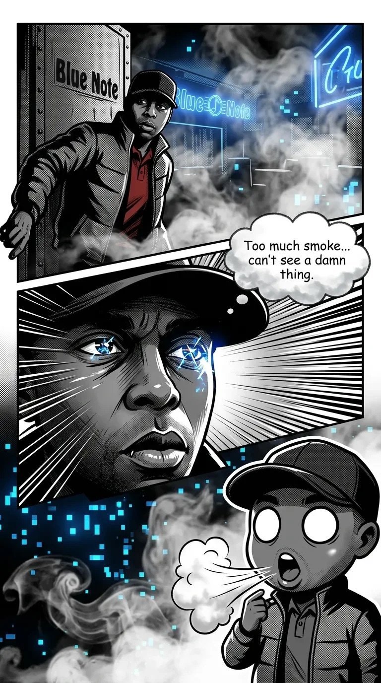 Comic-style illustration with man emerging from Blue Note sign, close-up of face with glowing eyes, and small character coughing below surrounded by blue smoke effects