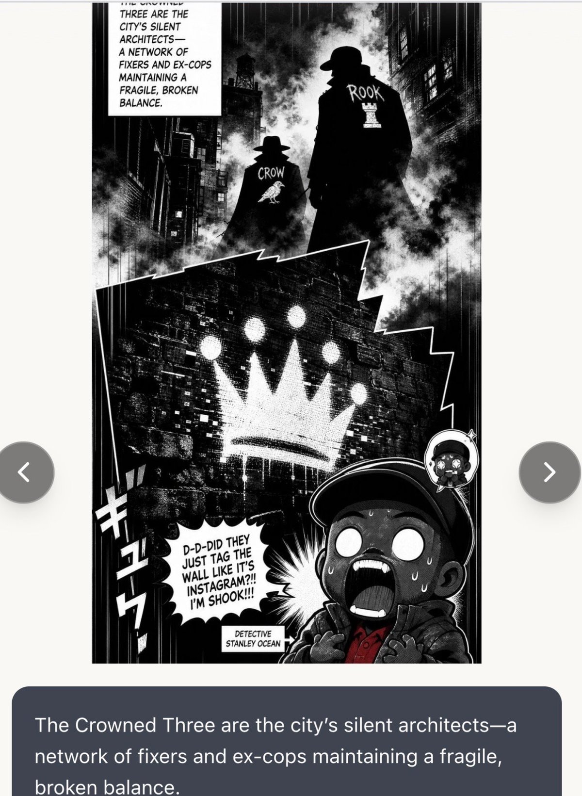 Manga-style comic page showing silhouetted figures with crow and rook symbols above a glowing crown, with a shocked character reacting below