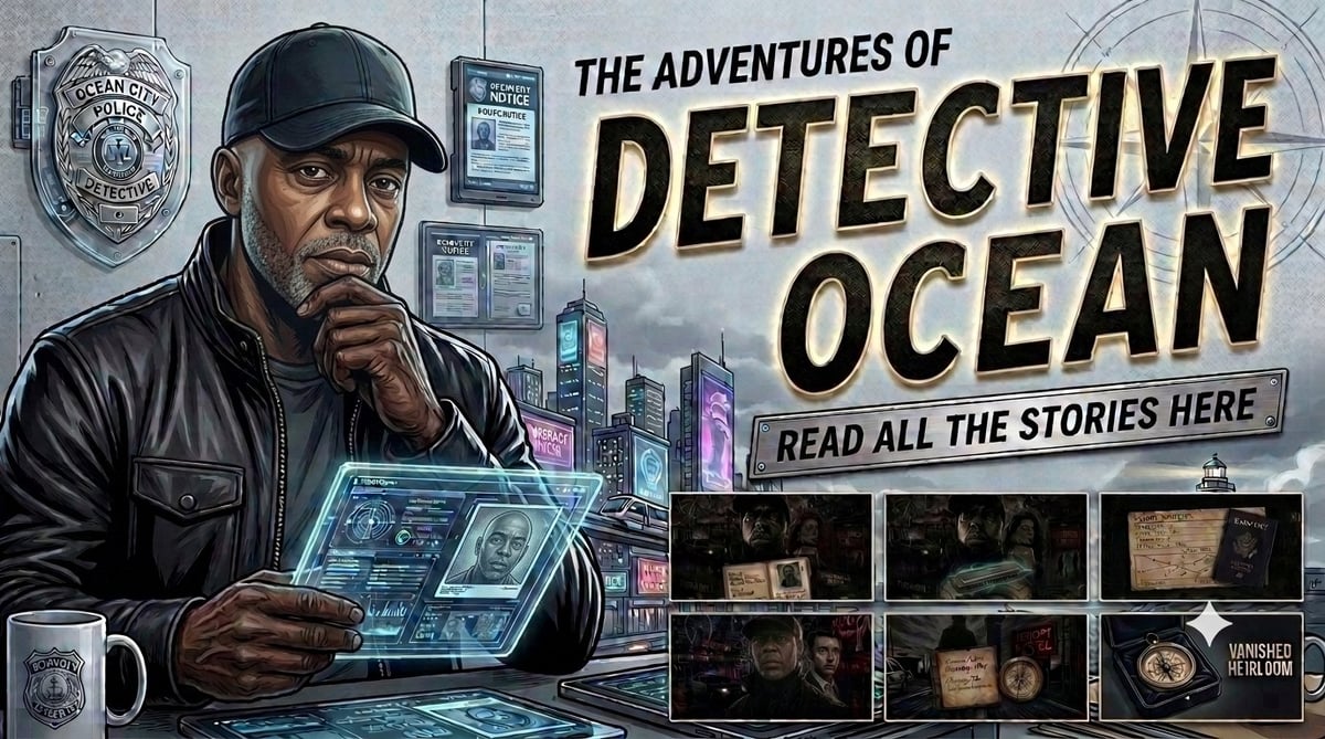 Illustrated detective in black cap holding glowing tablet, with city skyline background and The Adventures of Detective Ocean text with story thumbnails below