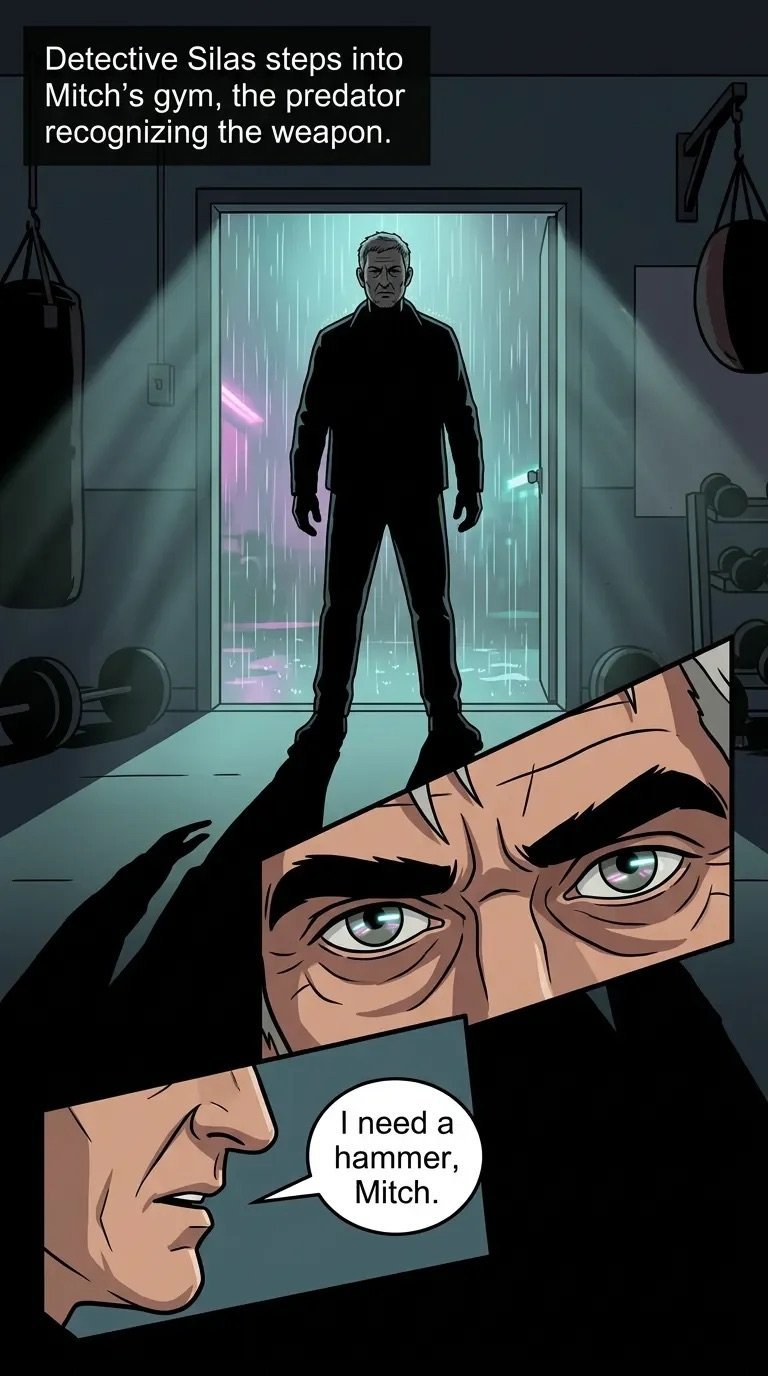Comic panel showing Detective Silas entering a gym where a figure stands silhouetted in a doorway with neon lighting, while a character below demands a hammer