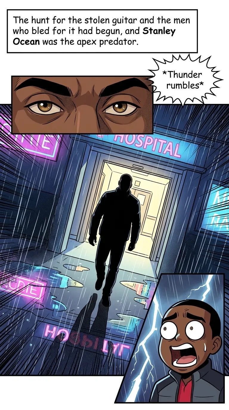 Comic panel showing a menacing silhouette in a hospital with threatening eyes above and a frightened character below during a thunderstorm