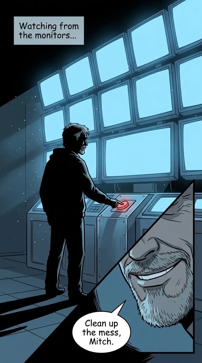 Comic panel showing a man at a control console with large windows above, watched by a bearded figure telling him to clean up the mess