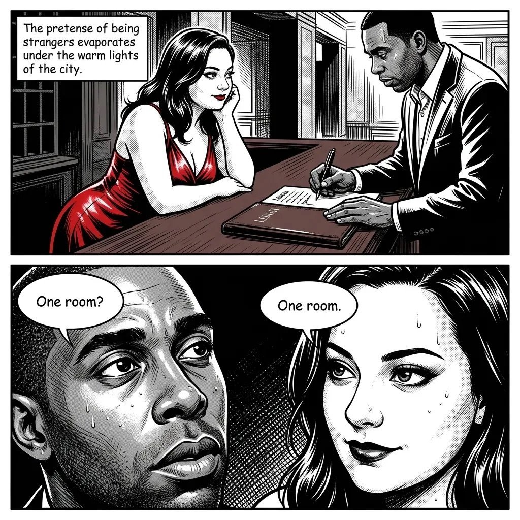 Black and white comic panels showing a man and woman at a desk with dialogue about a hotel room in a noir-style scene.