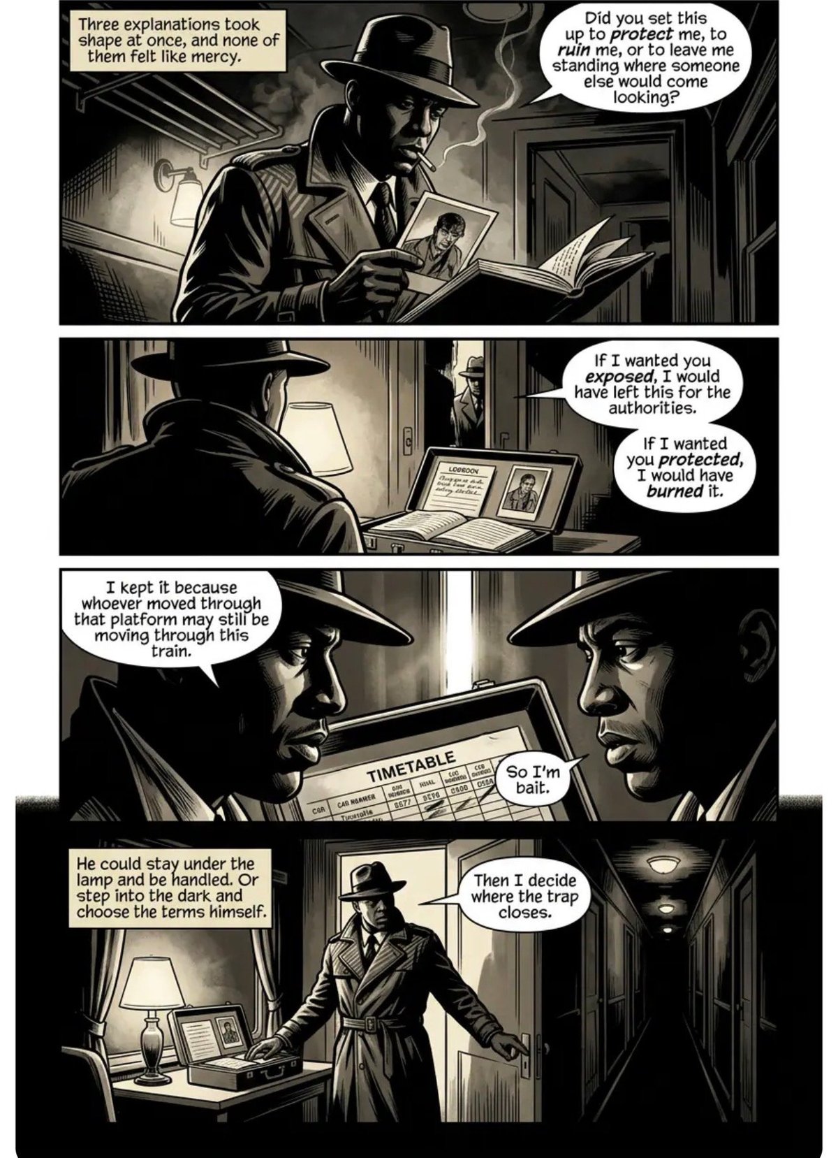 Noir comic strip showing two men in fedoras discussing a plan, with dialogue about setting traps and using a train timetable to escape