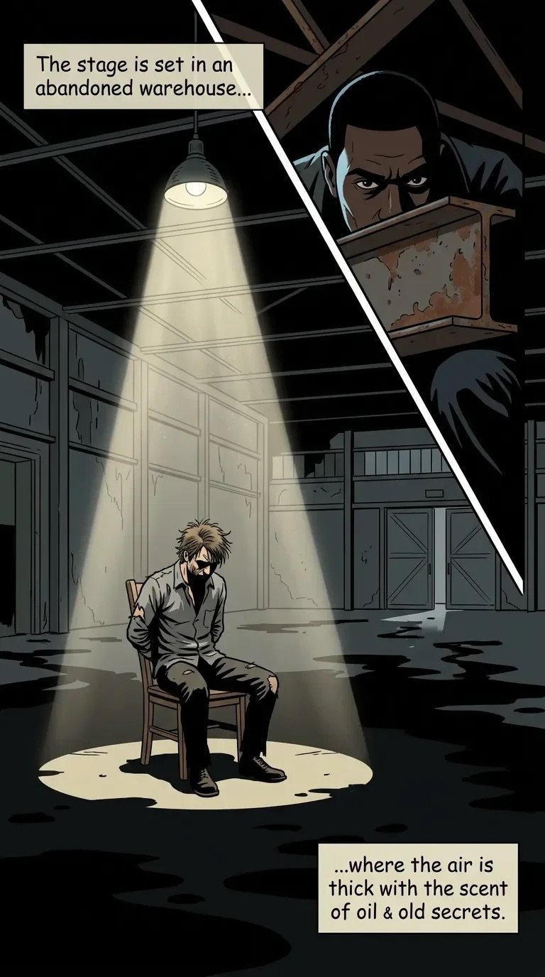 Anime-style comic panel showing a man sitting in a warehouse under spotlight with a menacing figure looming above, surrounded by industrial architecture.