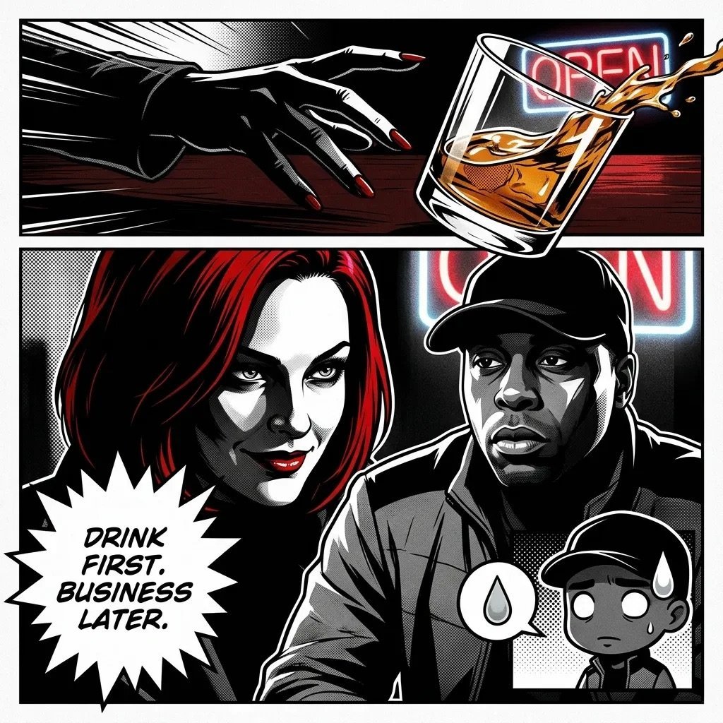 Comic-style illustration showing a hand reaching for whiskey, a woman with red hair, and a man in a cap with text Drink first, business later