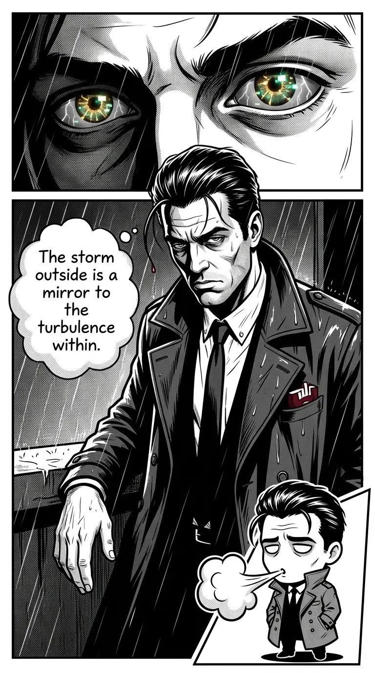 Manga panel showing a man in suit and coat during rain, with glowing yellow-green eyes above. Text reads The storm outside is a mirror to the turbulence within.