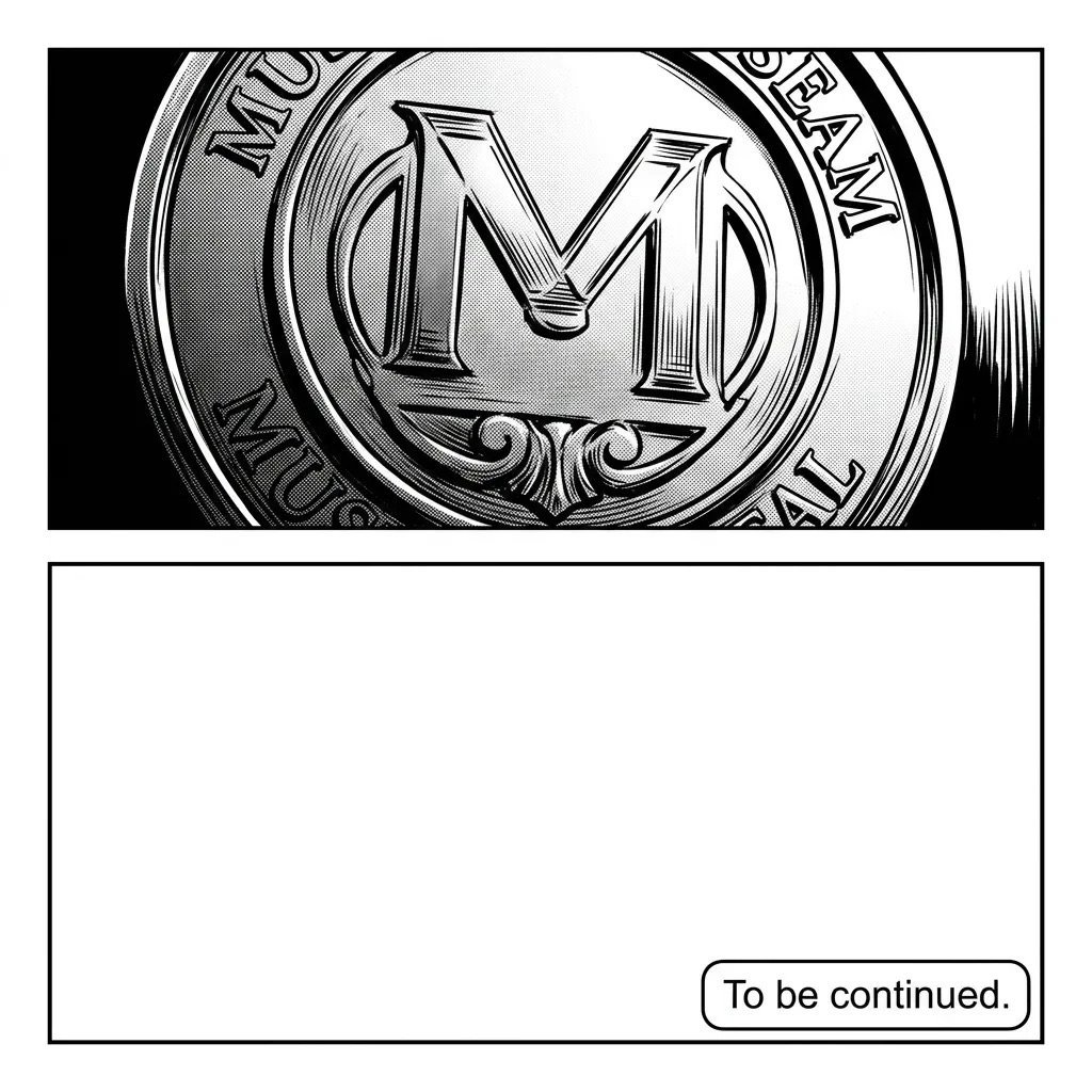 Close-up of an ornate silver coin with large M monogram, manga-style illustration with to be continued caption
