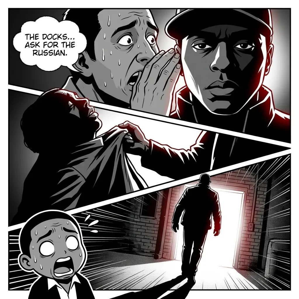 Black and white comic panel showing confrontation between men, with dialogue bubble asking about Russian docks, and a silhouetted figure standing in a doorway