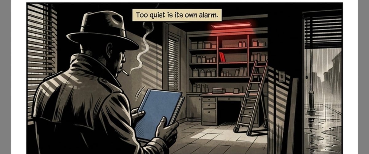 Film noir illustration of a man in a fedora and coat holding a tablet, standing in a modern room with shelving. Text reads Too quiet. Is this own alarm.