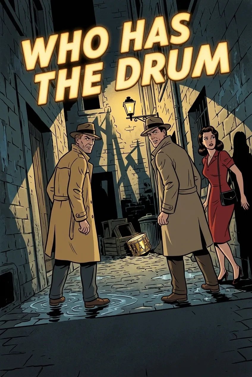 Vintage comic book cover showing two men in trench coats facing off in an alley with a woman in red behind them, titled Who Has the Drum