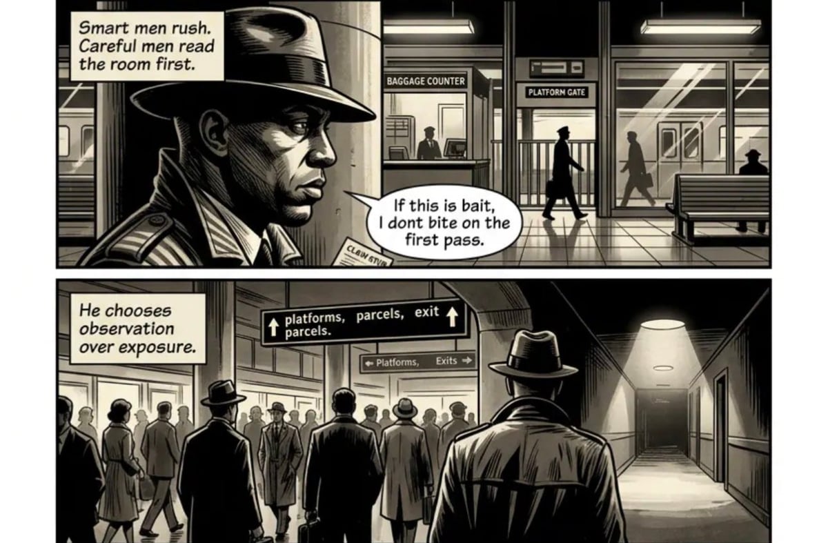 Black and white comic panel depicting a detective in a hat observing a crowded train station, choosing surveillance over direct confrontation.