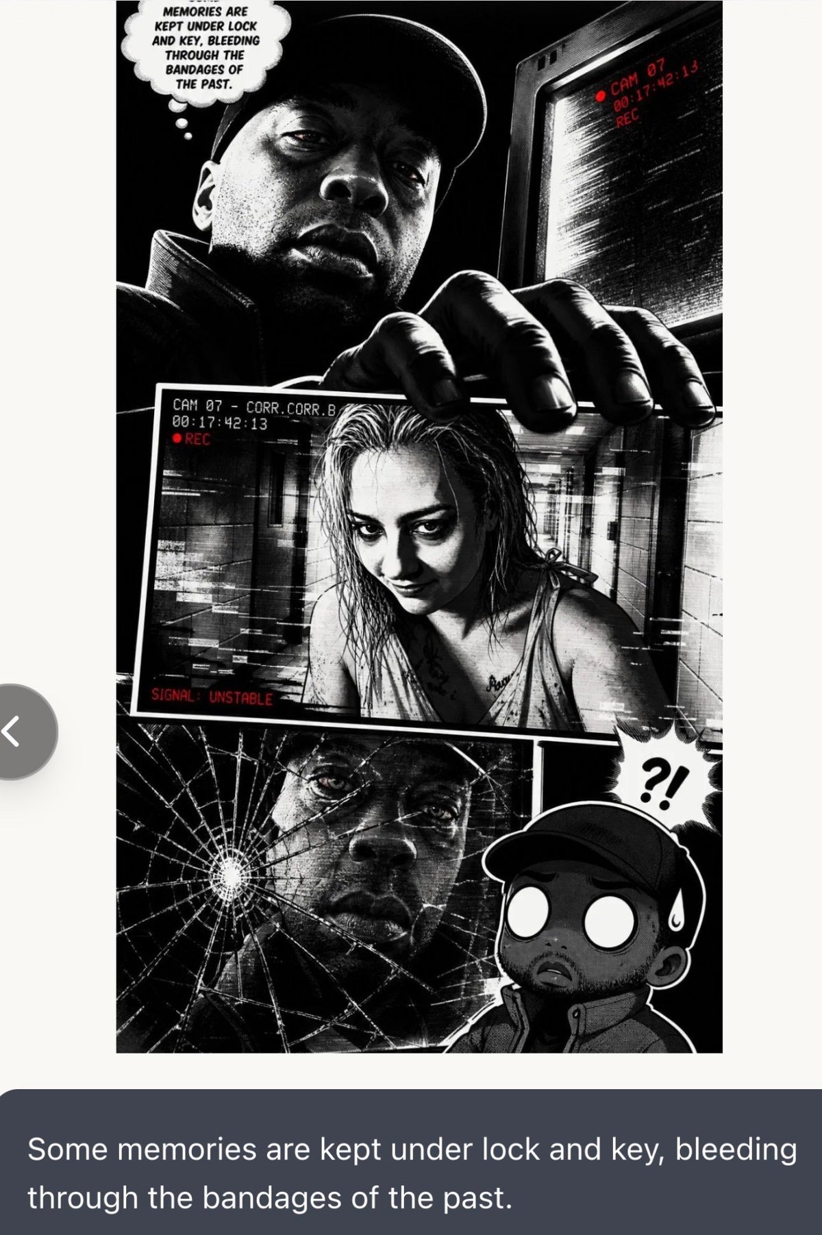 Black and white comic panel showing man in cap, woman on screen, broken glass, and stylized figure with question mark