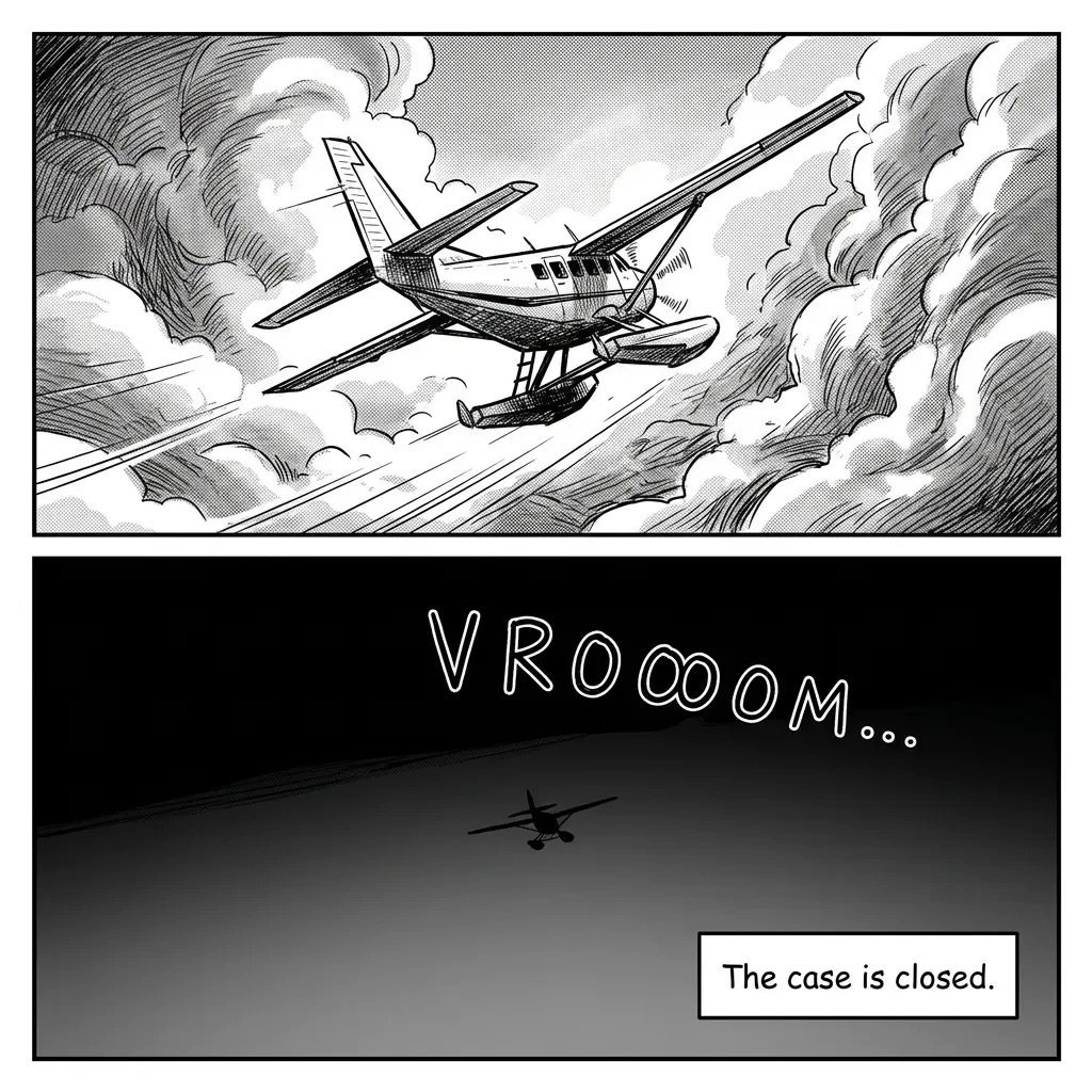 Comic panel showing a plane in clouds above, and below a silhouette with VROOOM... text and The case is closed caption