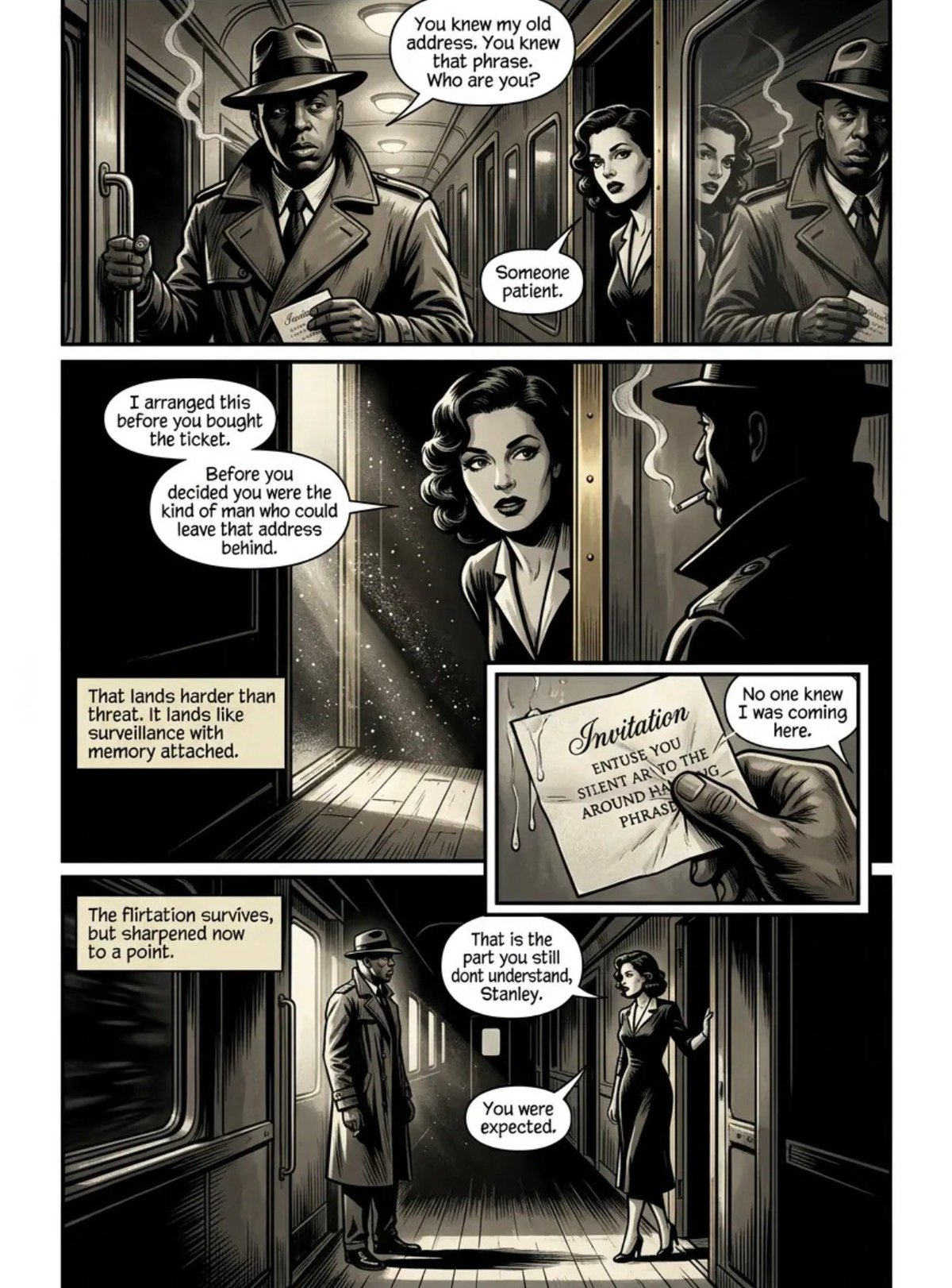 Film noir style comic depicting suited men and women in 1940s setting discussing a mysterious address and invitation in dialogue bubbles