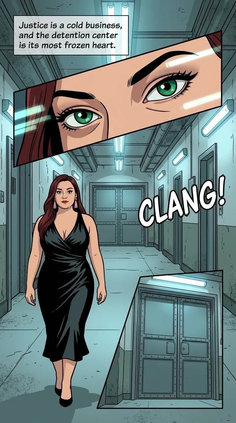 Comic panel showing a woman in black dress walking through a detention center corridor with a close-up of intense green eyes above, text reads Justice is a cold business with a CLANG sound effect