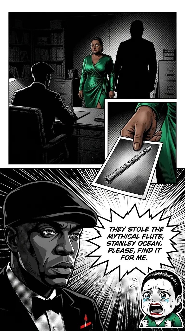 Comic panel showing a man in a suit requesting help finding a stolen mythical flute from Stanley Ocean