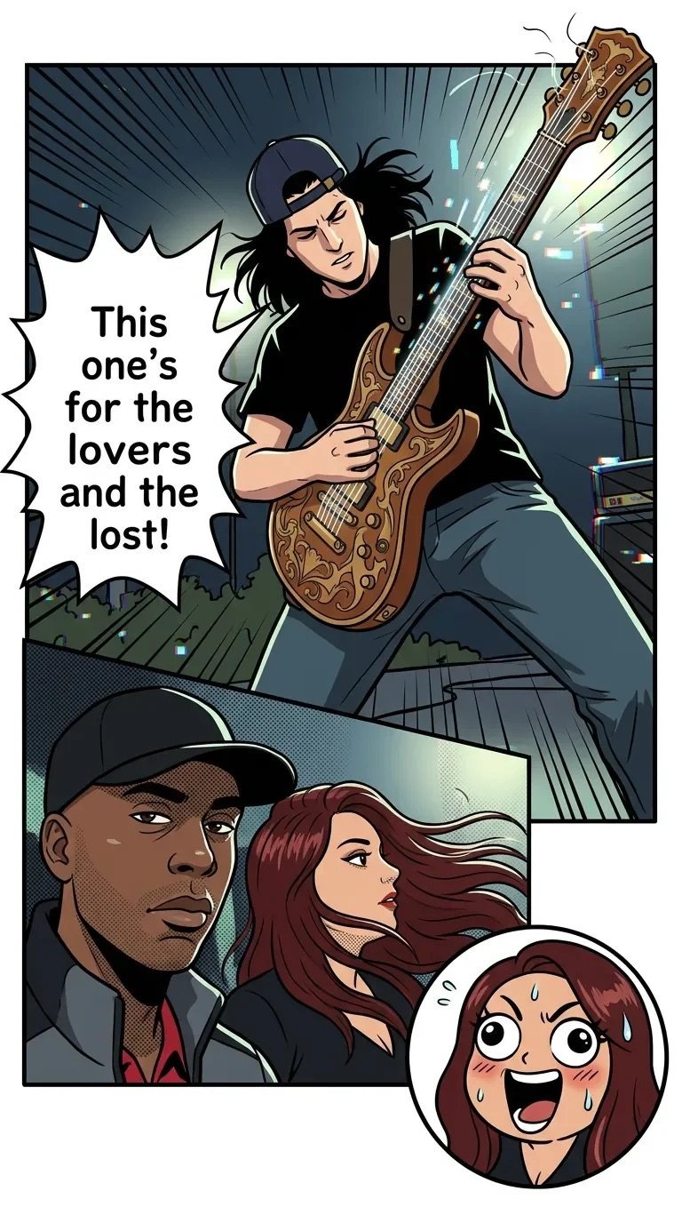 Comic panel of a guitarist with long dark hair playing an ornate brown guitar, with speech bubble saying This ones for the lovers and the lost! and three character faces below.