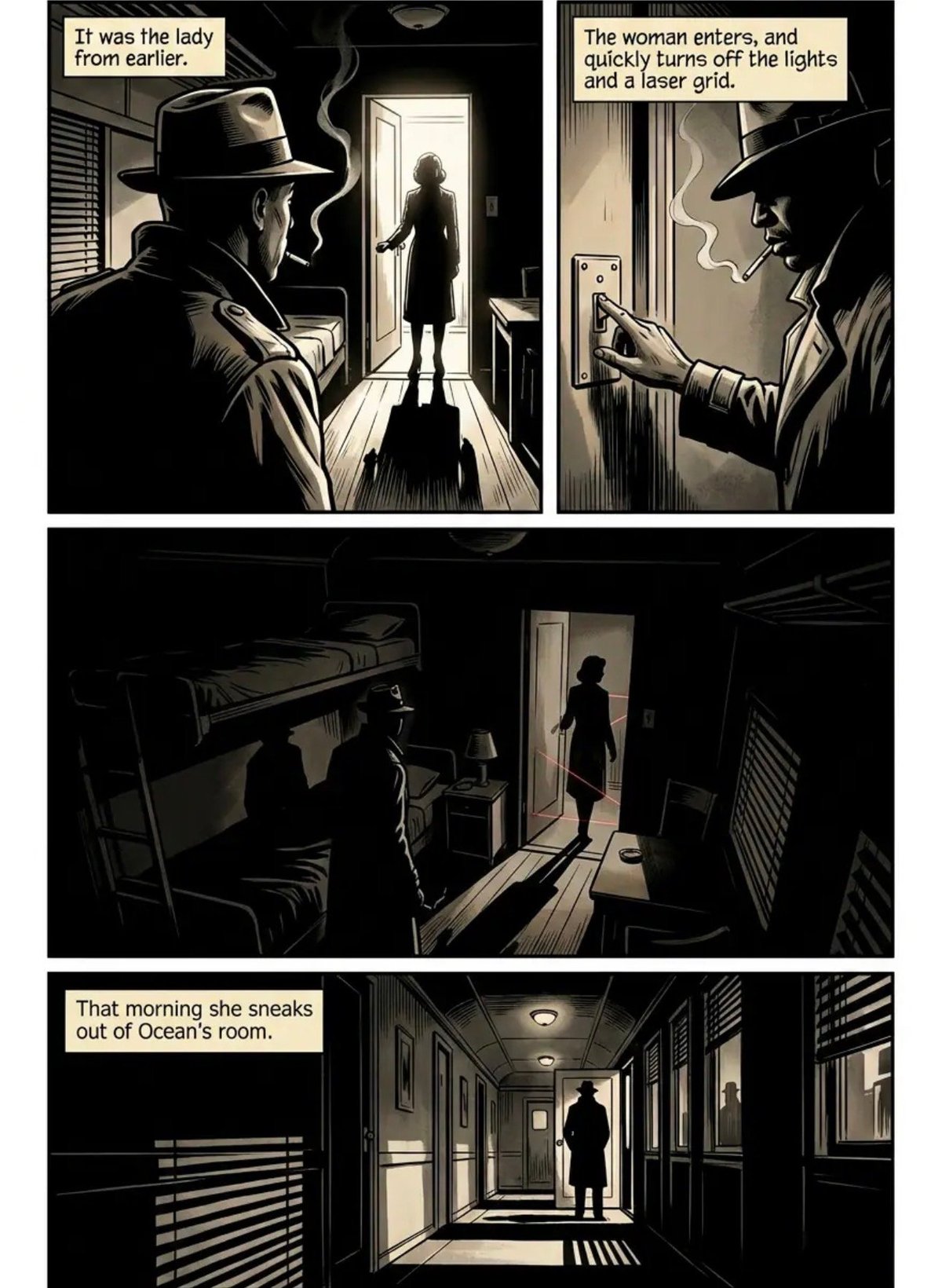 Noir-style comic panels showing detectives in a dark hallway. A silhouetted woman enters while men in fedoras observe. Text describes turning off lights and sneaking from a room.