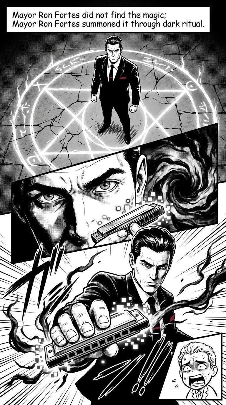 Black and white comic panel showing Mayor Ron Fortes performing dark ritual magic with glowing symbols, multiple character expressions and mystical energy effects