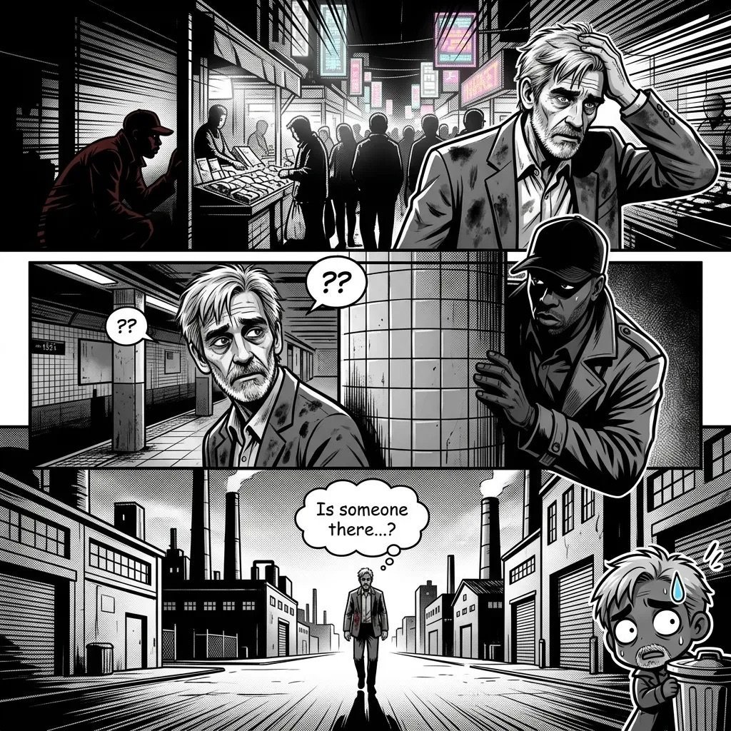 Black and white manga comic page showing mystery scene with confused characters and figure standing alone on street asking Is someone there?