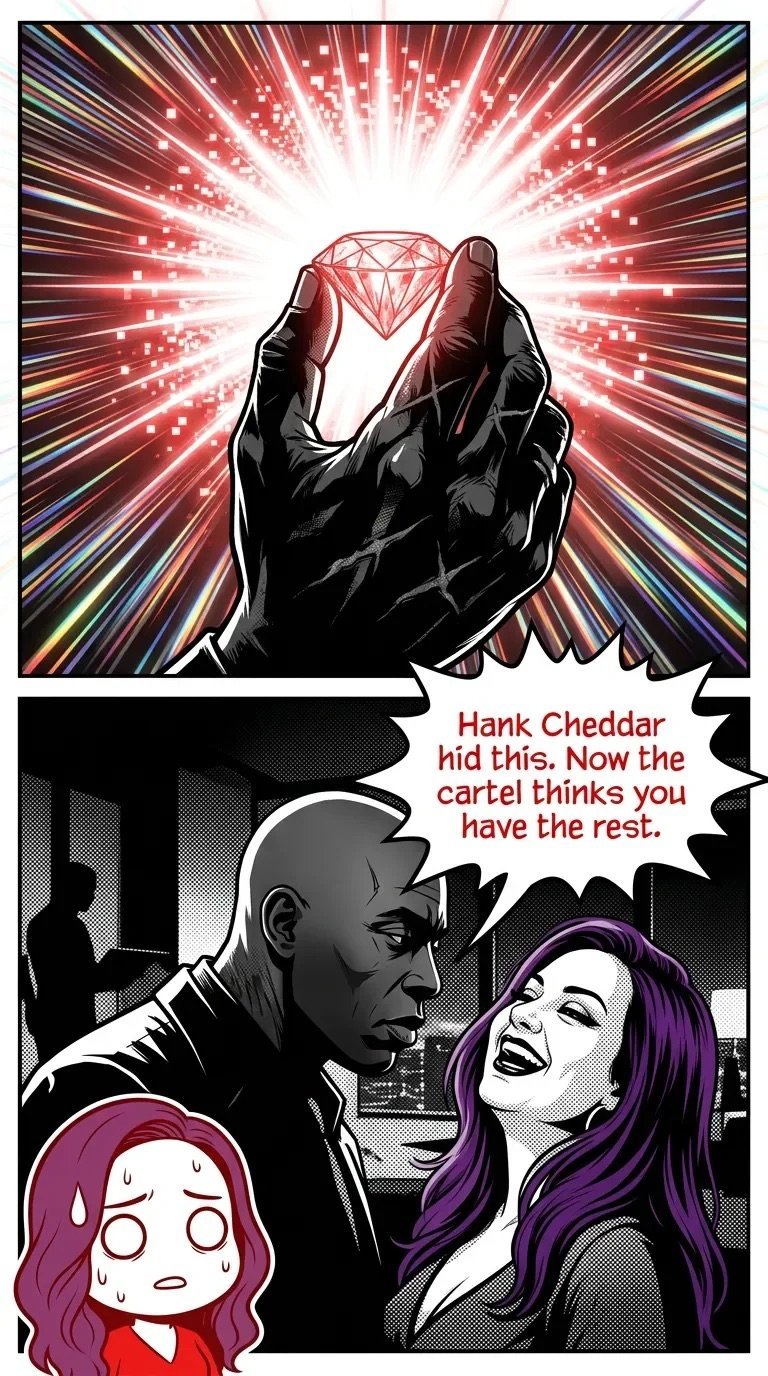 Comic panel: gloved hand holding a glowing red diamond with radiating light, followed by characters discussing a hidden treasure in a noir-style scene