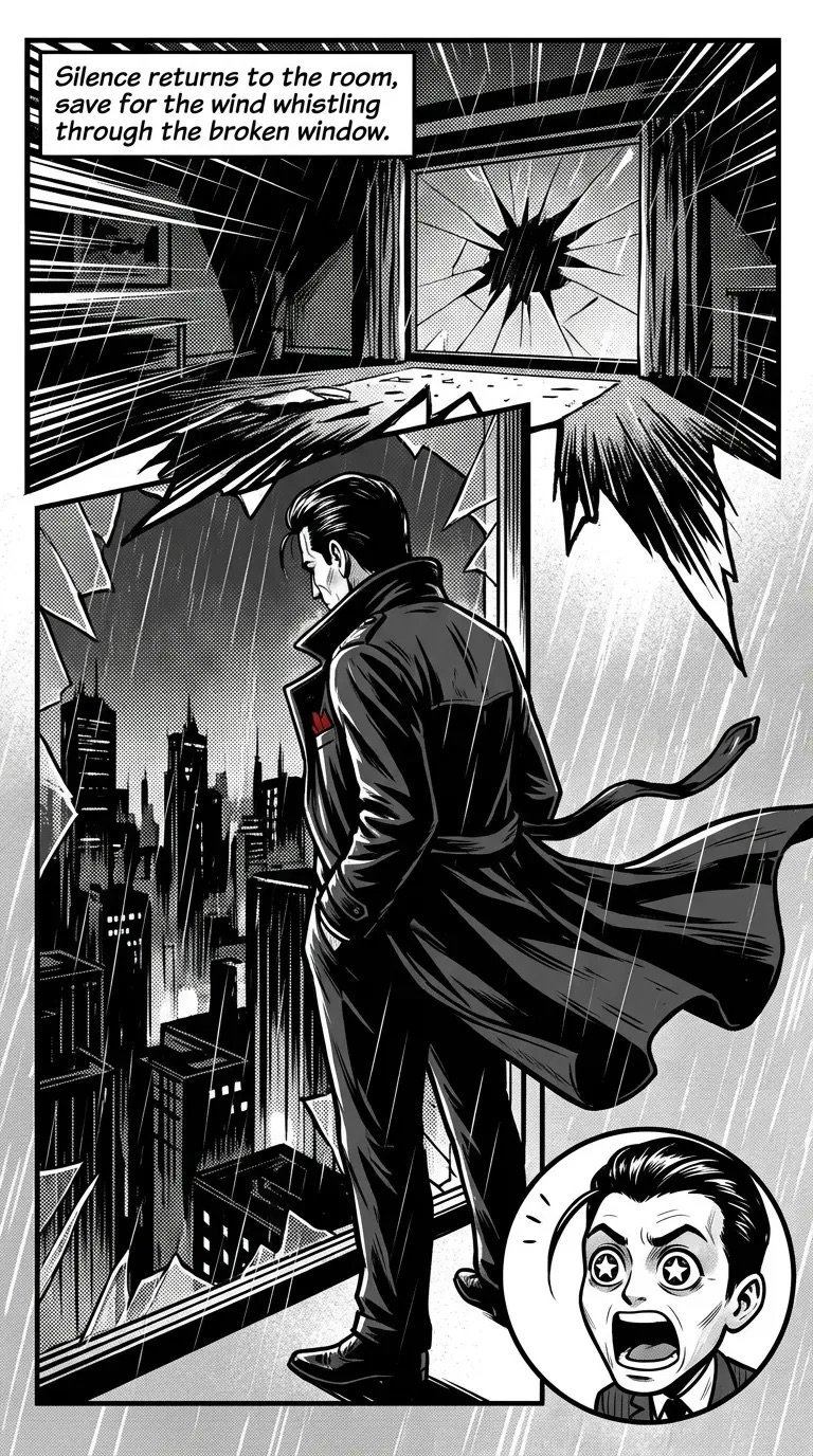 Black and white manga panel showing a man in a dark coat standing at a broken window overlooking a rainy city, with a shocked face in the corner