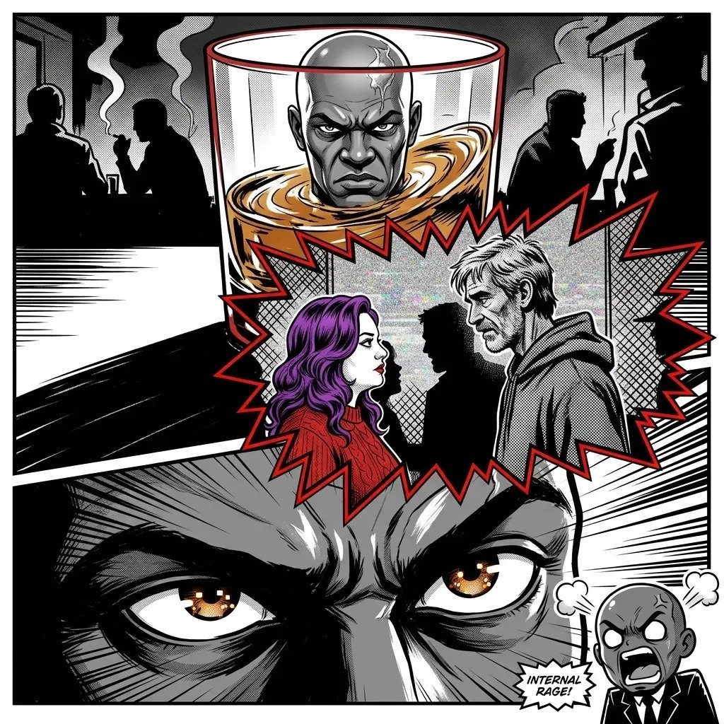Comic book panel showing close-up of angry face with intense yellow eyes, surrounding scenes of confrontation with menacing bald figure looming above.